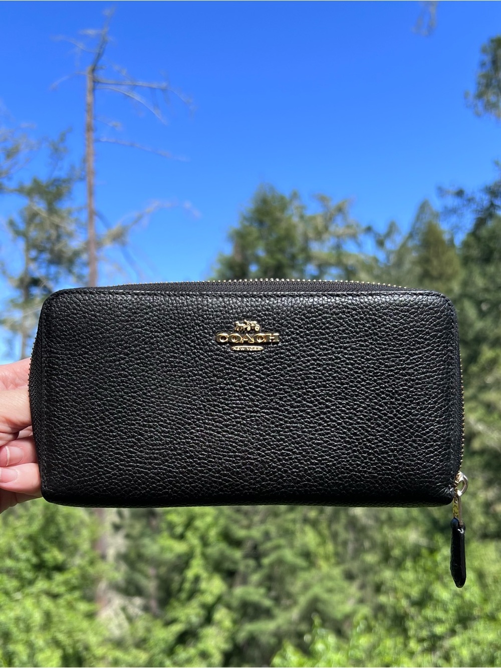 COACH Long Zip-Around Black Pebble Leather Wallet with Gold Hardware AUTHENTIC